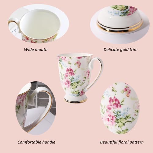 MIATTCLD Floral Coffee Mug Bone China Tea Mugs for Women, 10 oz Porcelain Coffee Mugs Ceramic Tea Cup Teacups with Handle Gift for Mom Friends Home Office - Image 3
