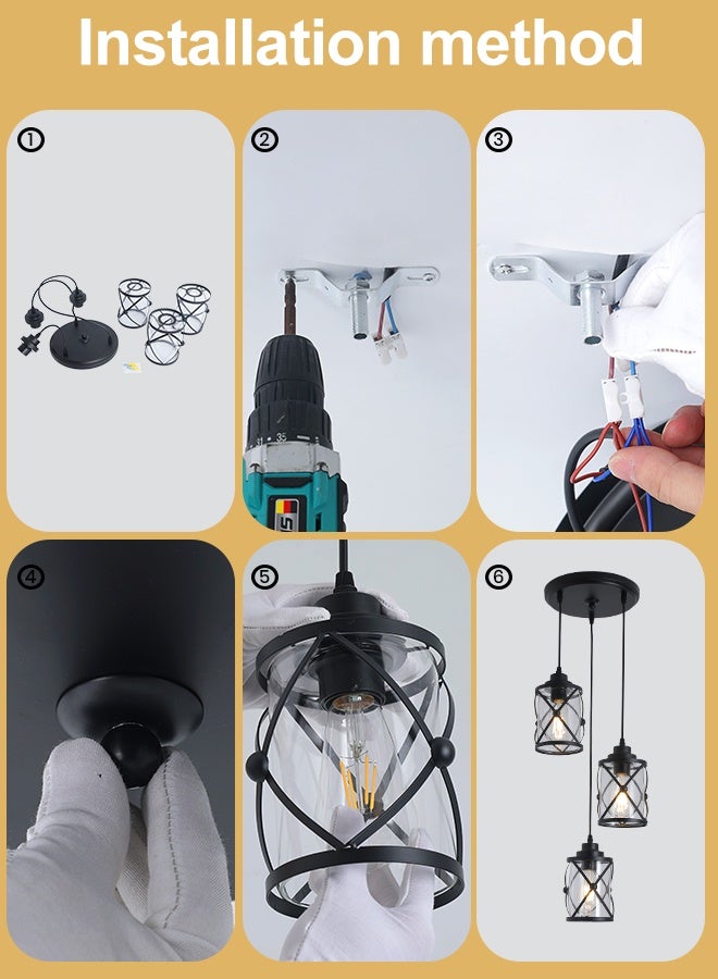 YATAI LIGHTING ثلاثي الإضاءة مصباح معلق أسود، لمبات E27 مشمولة، ضوء سقف دافئ 3000K للمطبخ، طاولة الطعام، إضاءة داخلية عصرية - Image 4