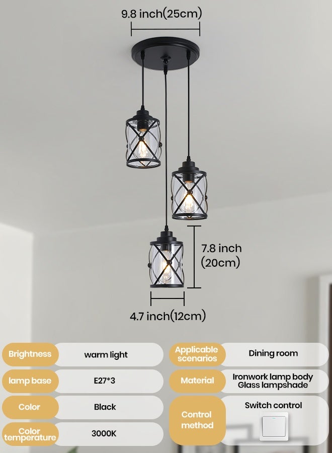 YATAI LIGHTING ثلاثي الإضاءة مصباح معلق أسود، لمبات E27 مشمولة، ضوء سقف دافئ 3000K للمطبخ، طاولة الطعام، إضاءة داخلية عصرية - Image 2