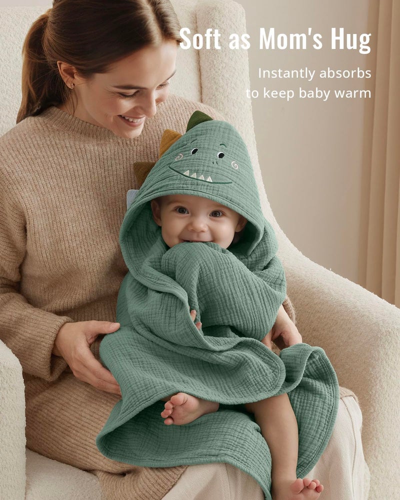 Blissful Diary Muslin Baby Hooded Towel, Soft and Absorbent Bath Towel for Newborn, Infant, Toddler, Unisex, 32â€³x32â€³ - Roguish Dino - Image 3
