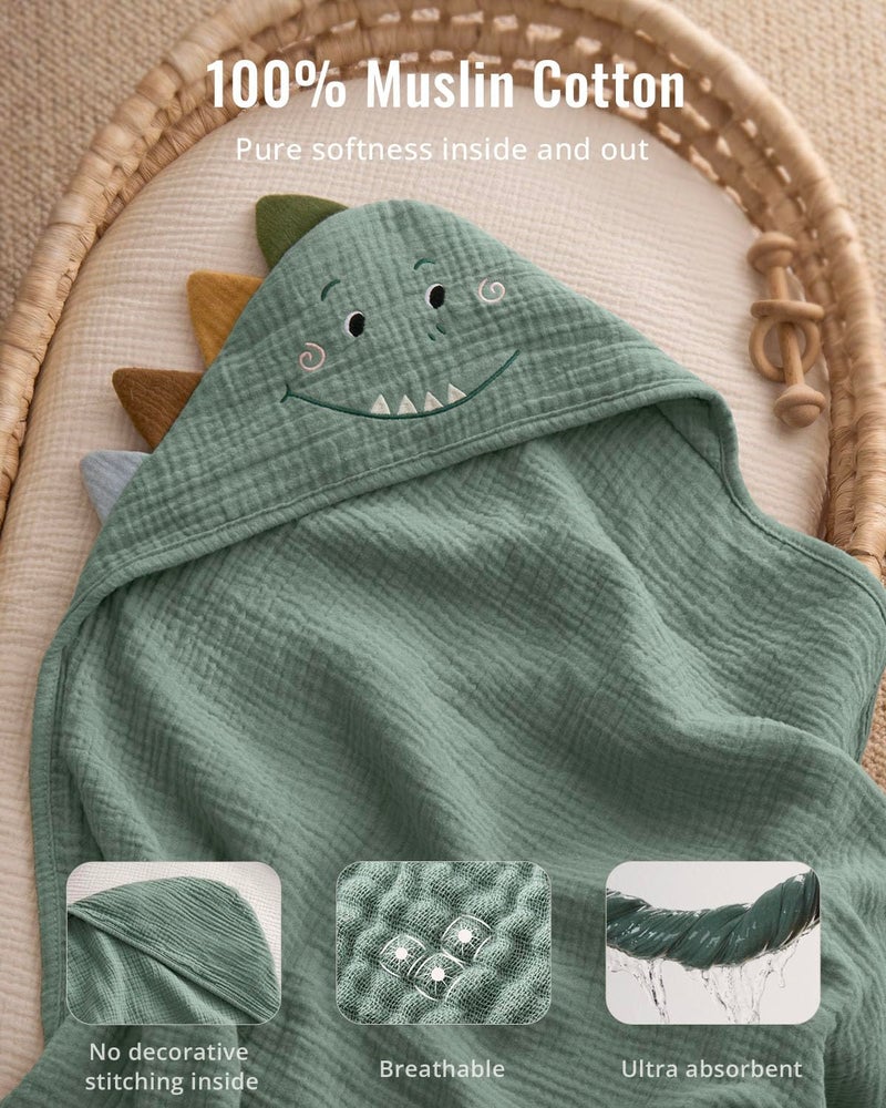 Blissful Diary Muslin Baby Hooded Towel, Soft and Absorbent Bath Towel for Newborn, Infant, Toddler, Unisex, 32â€³x32â€³ - Roguish Dino - Image 2