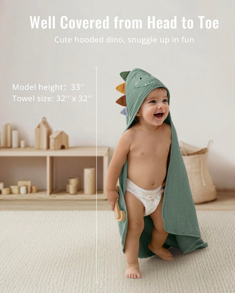 Blissful Diary Muslin Baby Hooded Towel, Soft and Absorbent Bath Towel for Newborn, Infant, Toddler, Unisex, 32â€³x32â€³ - Roguish Dino - Image 5