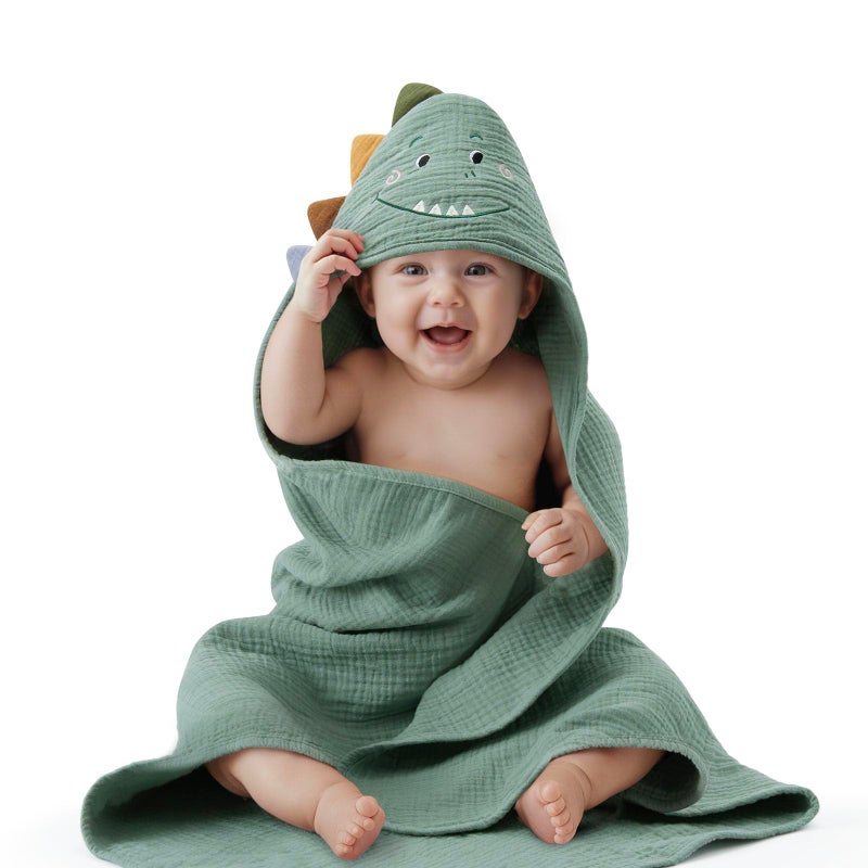 Blissful Diary Muslin Baby Hooded Towel, Soft and Absorbent Bath Towel for Newborn, Infant, Toddler, Unisex, 32â€³x32â€³ - Roguish Dino - Image 1