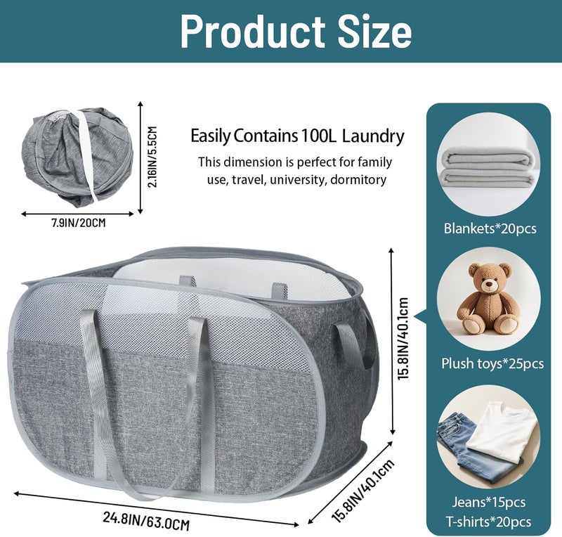 BATTOO 100L Collapsible Laundry Baskets, Tear Proof Pop Up Laundry Hamper with Dual Handles, Large Foldable Laundry Basket, Easy to Carry Laundry Hamper for Home, Laundry Room, Bedroom, Dorm, Travel Grey - Image 4