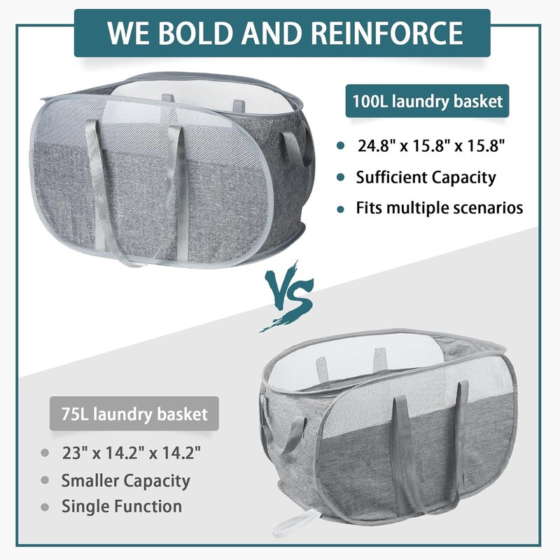BATTOO 100L Collapsible Laundry Baskets, Tear Proof Pop Up Laundry Hamper with Dual Handles, Large Foldable Laundry Basket, Easy to Carry Laundry Hamper for Home, Laundry Room, Bedroom, Dorm, Travel Grey - Image 5