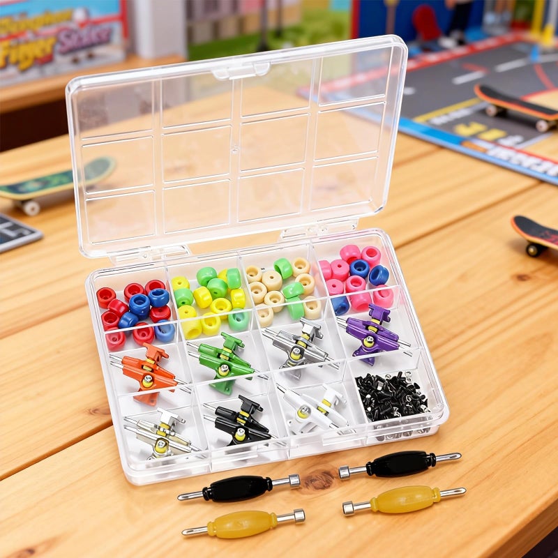 DisplayMore 156PCS Fingerboard Repair Kit -Includes Case & Tools-Mini Finger Skateboard Parts Include 14 Multicolors Trucks & 48 Multicolour Bearingless Wheels & 60 Screws & 30 Nuts & 4 Screwdriver - Image 4