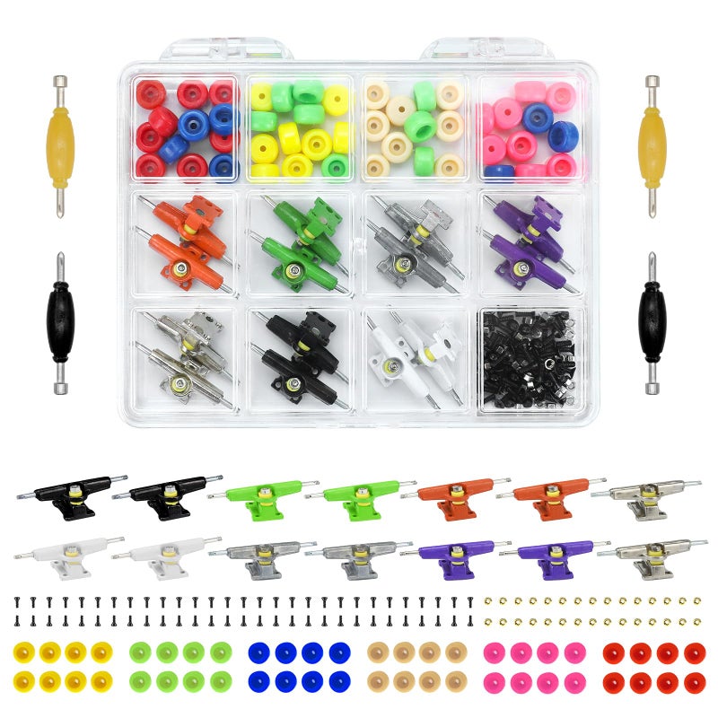DisplayMore 156PCS Fingerboard Repair Kit -Includes Case & Tools-Mini Finger Skateboard Parts Include 14 Multicolors Trucks & 48 Multicolour Bearingless Wheels & 60 Screws & 30 Nuts & 4 Screwdriver - Image 1