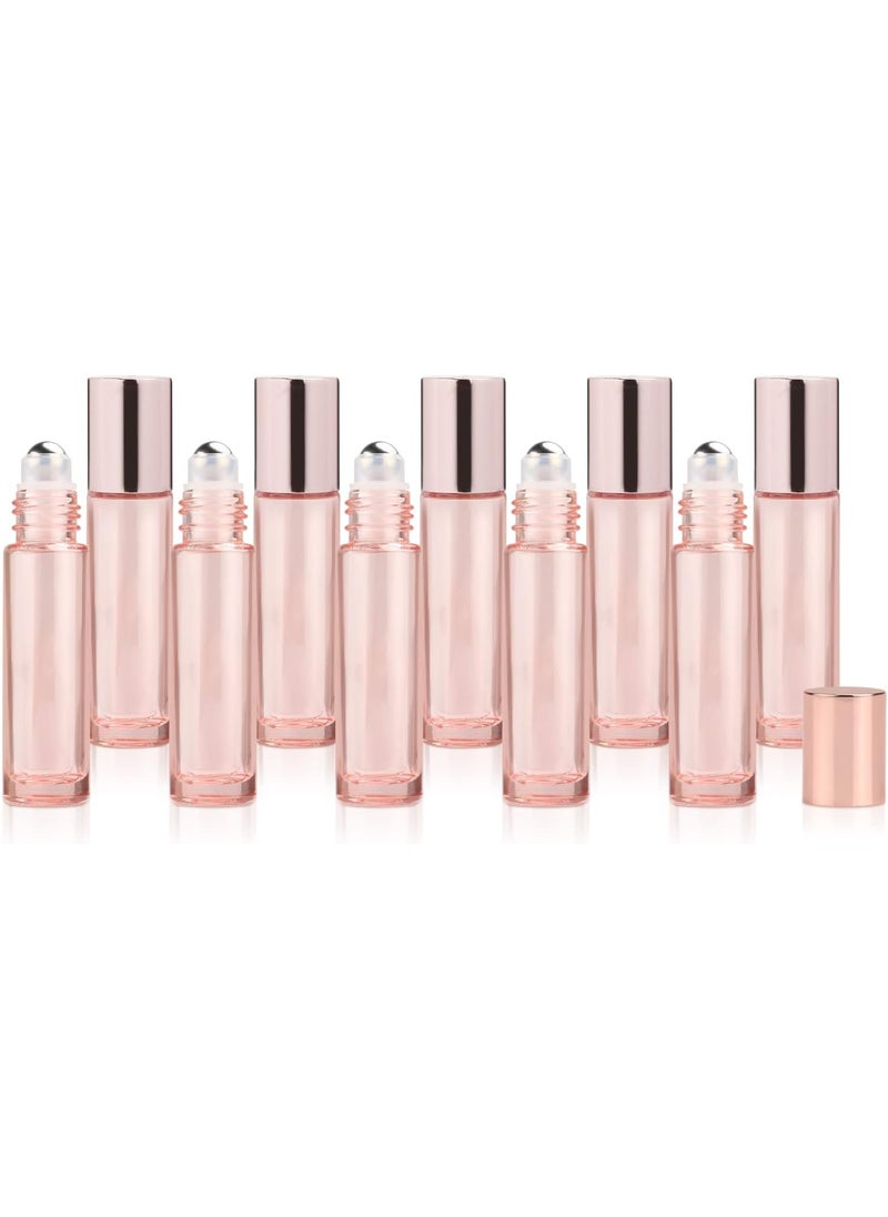 USRommaner - 10ml Pink Glass Roll On Bottles,Empty Essential Oil Glass Roller Bottle With Stainless Steel Roller Balls,Rose Golden Cover Perfume Travel Roll-On Vial Lip gloss Tube Container-10 Pack - Image 1