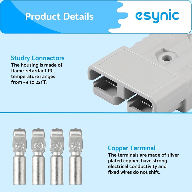 eSynic 2Pcs Battery Connector for 175Amp Anderson Connector Kit 175A Quick Connect Plug 600V Jumper Cables Connector with Handle and Anderson Plug Cover for Camper Car Recovery Winch Trailer (Grey) - Image 3