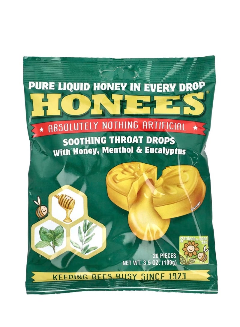 Honees Soothing Throat Drops with Honey Menthol & Eucalyptus 20 Pieces 3.5 oz (100 g) - Image 1