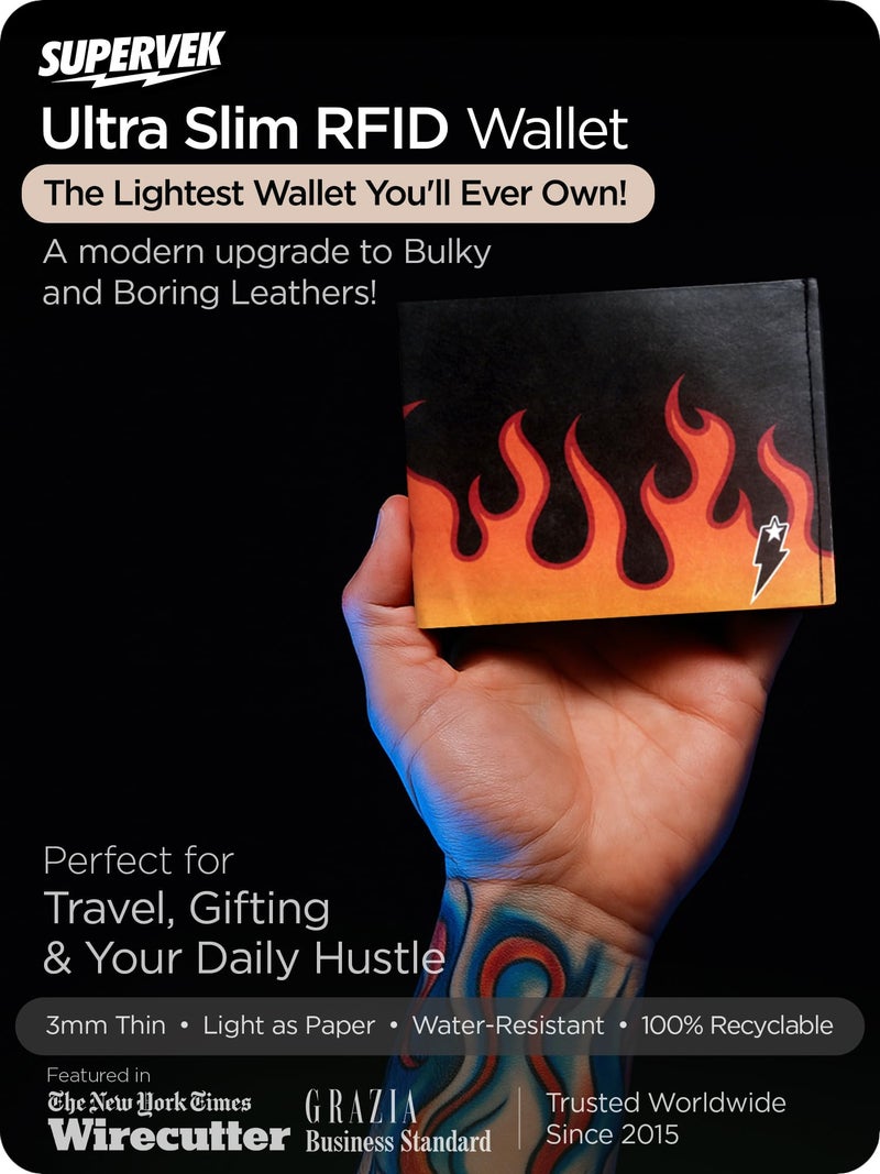 SUPERVEK Lit Flames Fire Stitched Paper Wallet - Vegan, Mighty Thin, Slim Wallet for men, Mens Credit Card Holder Wallet Gifts - Anime Tattoo Streetwear Hypebeast Bifold Wallets - RFID Blocking - Image 3