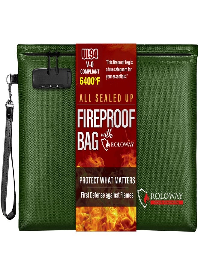 ROLOWAY Fireproof Document Bag (14.5 x 11.5 inch), 6400℉ Fireproof Money Bag with Zipper for Cash, Fire Safe Money Pouch with Lock (Green) - Image 1