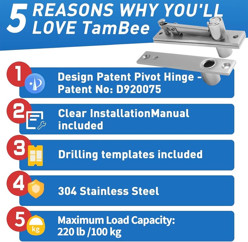 TamBee Door Pivot Hinges Heavy Duty Hinges for Wood Doors 360 Degree Shaft Stainless Steel Pivot Hinge System for Hidden Doors, Bookshelf - Image 4
