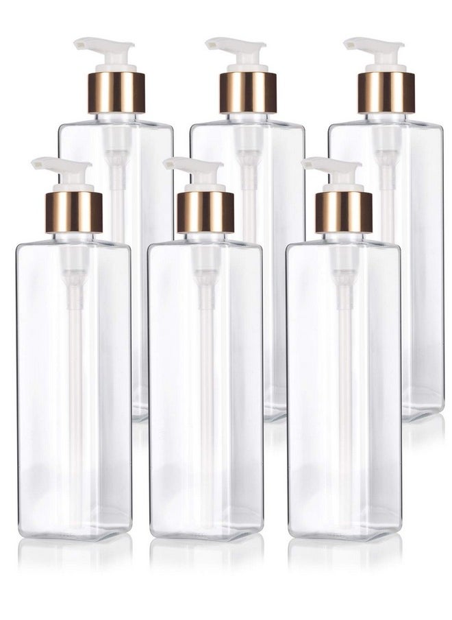 JUVITUS 8 oz / 250 ml Clear Plastic PET Square Bottle (BPA Free) with Gold Lotion Pump (6 Pack)  - Image 1
