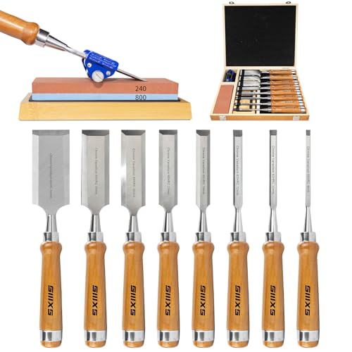 SIIIXS Professional Wood Chisel Set, 8pcs Woodworking Chisel Set with 1pcs Honing Guide, 1pcs Sharpening Stone - Image 1