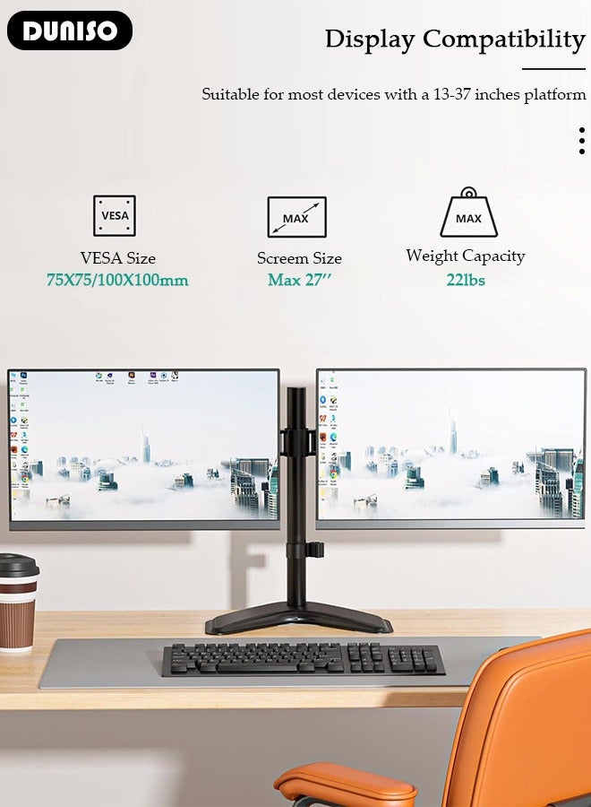 DUNISO Dual Monitor Desk Mount, Heavy Duty Fully Adjustable Steel Stand, Dual Monitor Arm for Desk, Fits Two Screens up to 13-27 inch, Computer Monitor Stand with VESA Mount, Holds up to 22 lbs per Arm  - Image 2