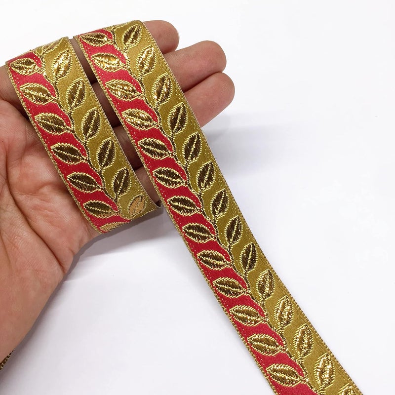 Lami 9 Meter Golden Leaf Two Shaded Design Red & Green Lace Ribbon Trim for Decorative Packaging Material Lace DIY Sewing Craft Material - Image 1