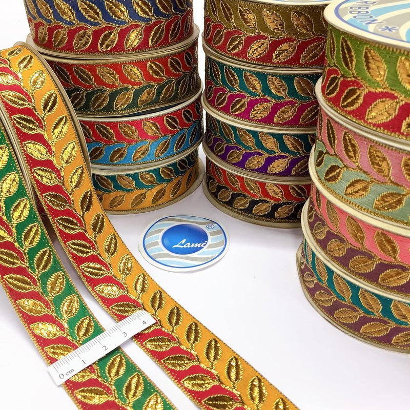 Lami 9 Meter Golden Leaf Two Shaded Design Red & Green Lace Ribbon Trim for Decorative Packaging Material Lace DIY Sewing Craft Material - Image 2