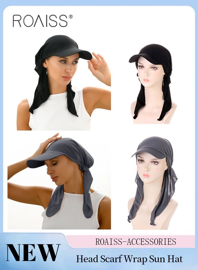 2 Pcs Brim Head Scarf Wrap Sun Visor Hat Women Bonnet Muslim Turban Baseball Cap Curved Hat Hair Loss Headwear Black and Grey
