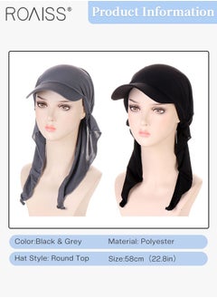 roaiss 2 Pcs Brim Head Scarf Wrap Sun Visor Hat Women Bonnet Muslim Turban Baseball Cap Curved Hat Hair Loss Headwear Black and Grey  - Image 3