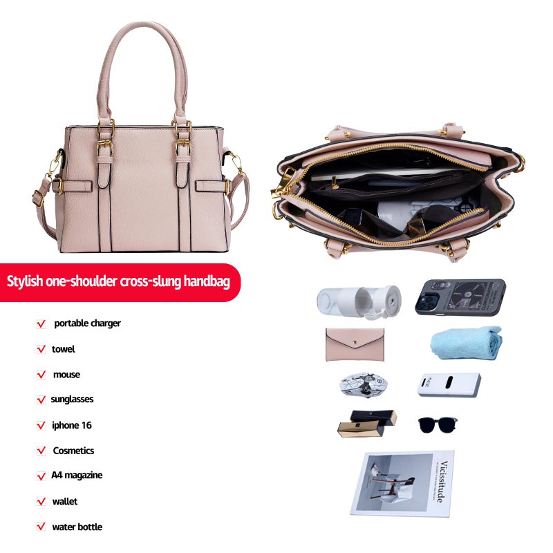 Tigpoy Women's Pink Vegan Leather Handbag - Large Capacity Tote Bag with Shoulder Strap & Top Handle - Image 3