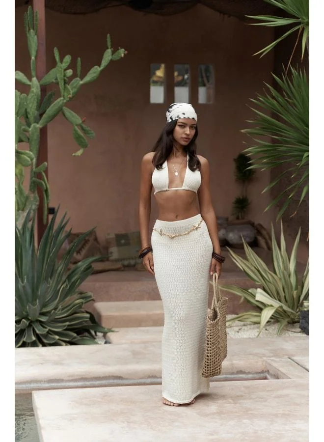 Bohemai Pangestu Triangle Beige Crop Skirt Knit Set.