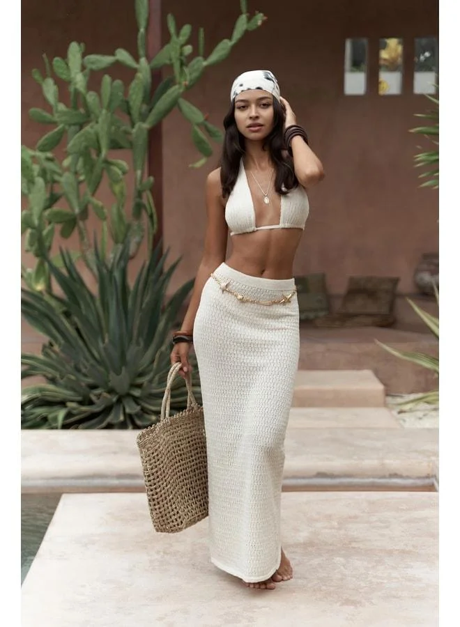 Bohemai Pangestu Triangle Beige Crop Skirt Knit Set.