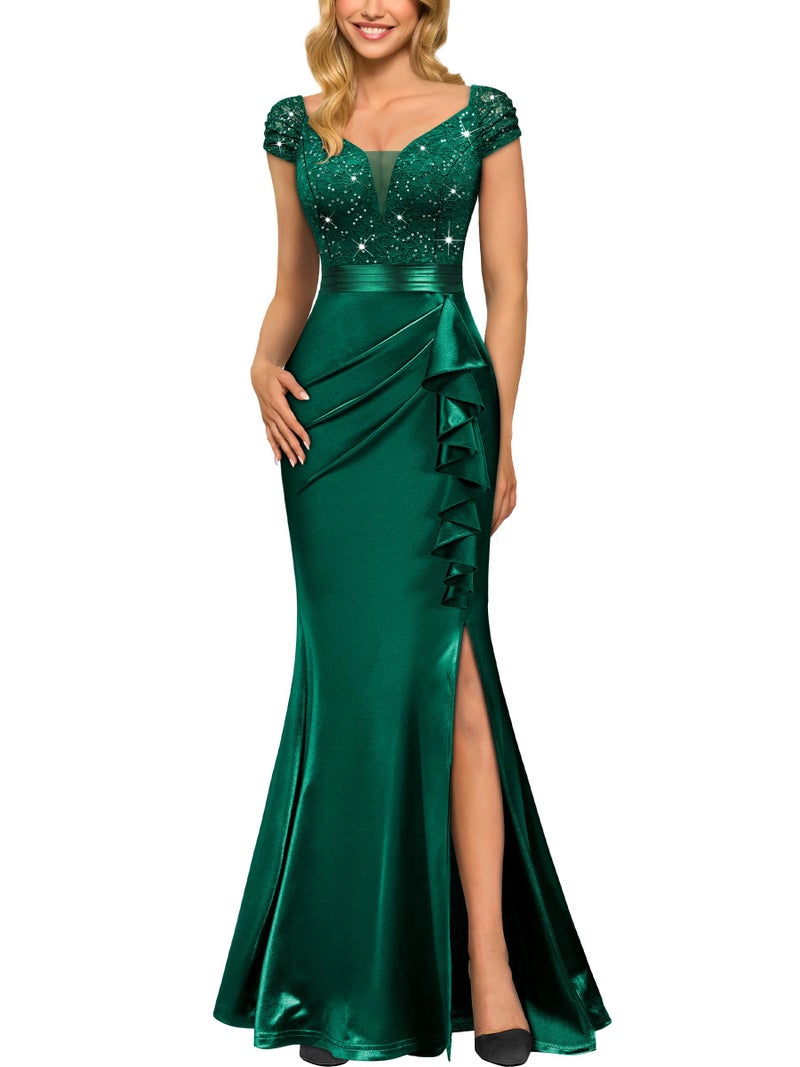 Miusol Women's Vintage V-Neck Slim Style Ruffle Split Evening Formal Maxi Dress (Large, Dark Green) - Image 1