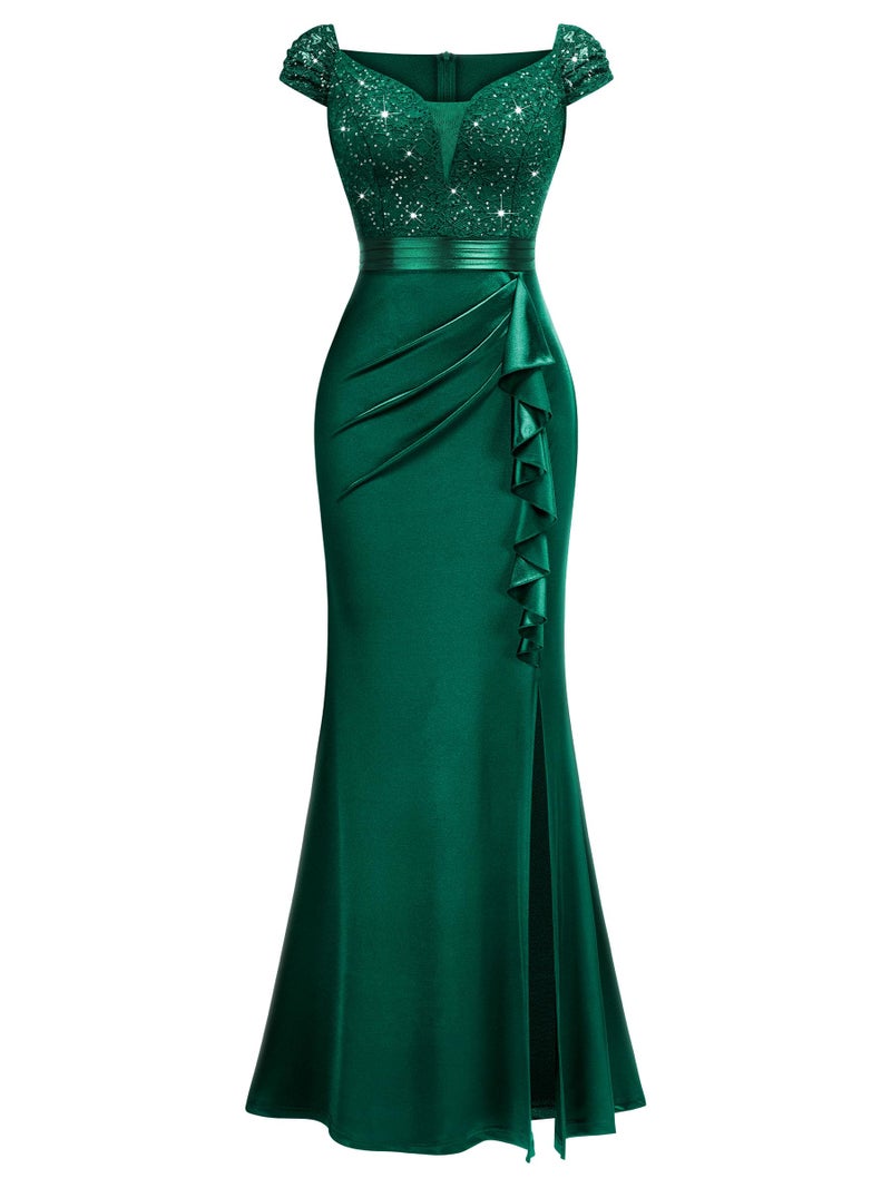 Miusol Women's Vintage V-Neck Slim Style Ruffle Split Evening Formal Maxi Dress (Large, Dark Green) - Image 4