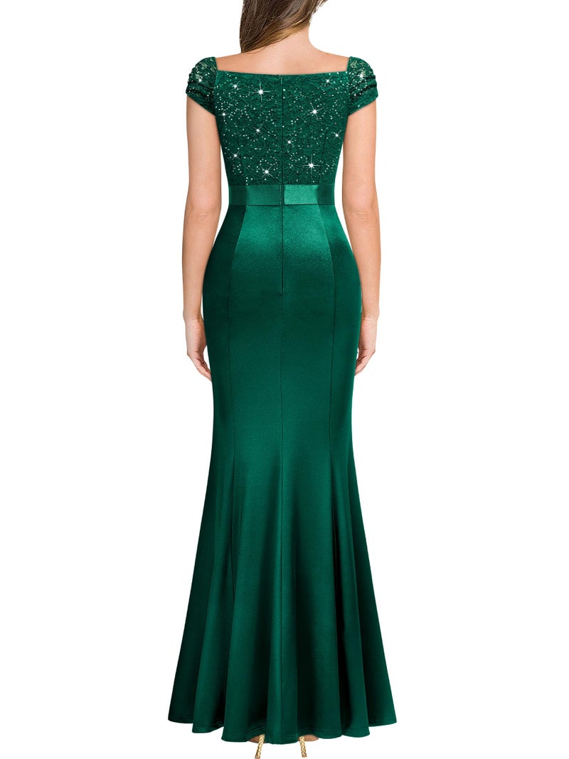 Miusol Women's Vintage V-Neck Slim Style Ruffle Split Evening Formal Maxi Dress (Large, Dark Green) - Image 2