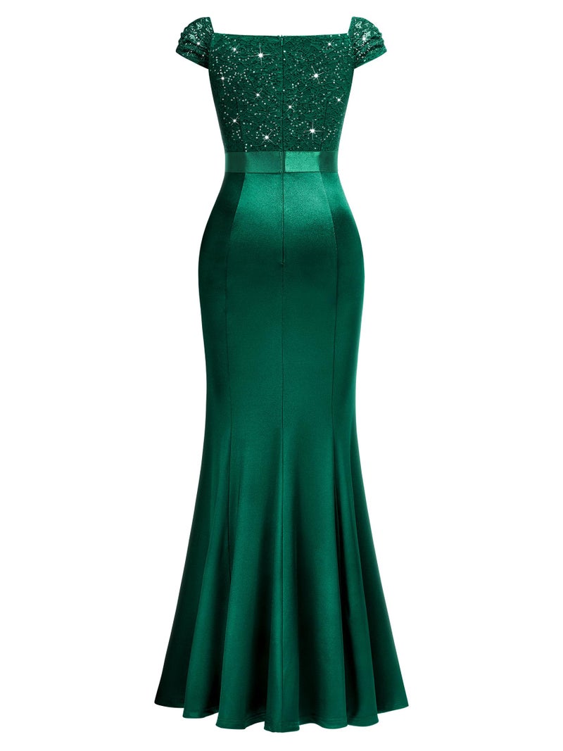 Miusol Women's Vintage V-Neck Slim Style Ruffle Split Evening Formal Maxi Dress (Large, Dark Green) - Image 5