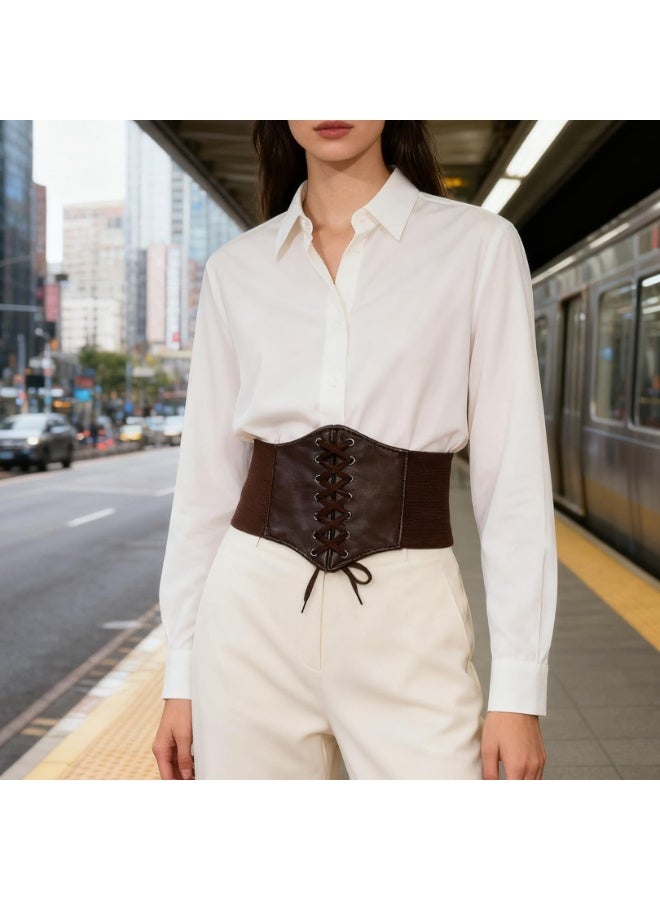 حزام كورسيه نسائي، حزام خصر عريض مربوط من الجلد المرن للفساتين النسائية، حزام نسائي عريض - Image 5