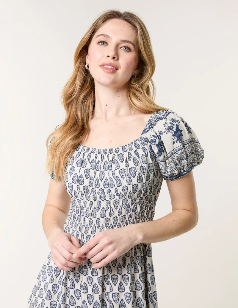 Blue Vanilla Border Print Puff Sleeve Midi Dress