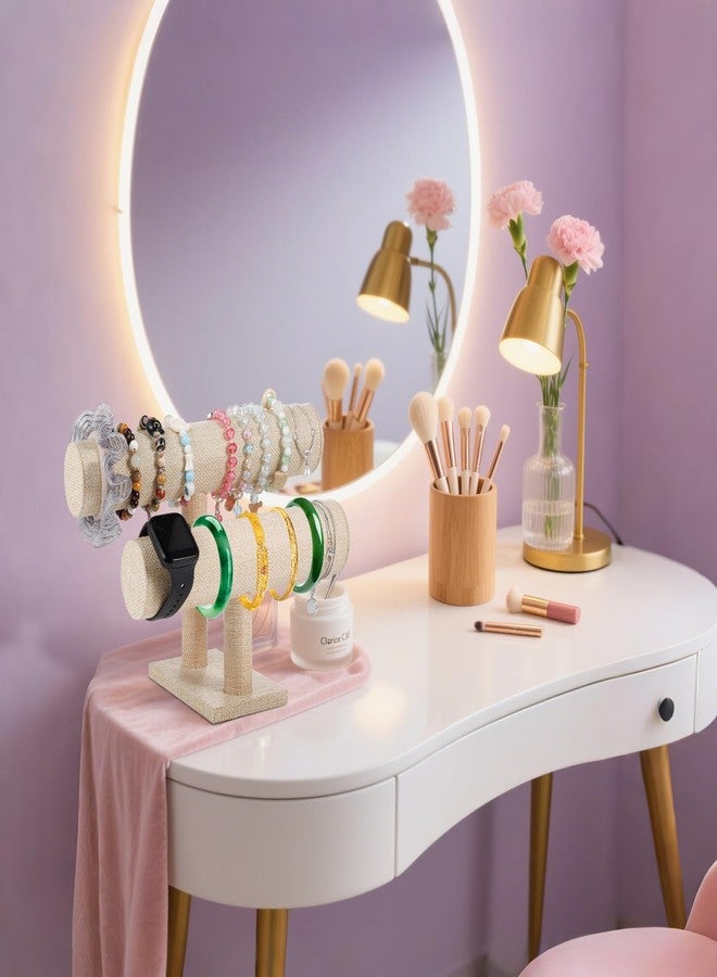 RingsTown Two-layer T-shaped jewelry display stand, specifically designed for the display and organization of bracelets, bangles.Velvet material，Simple and elegant (Yellow Linen) - Image 5