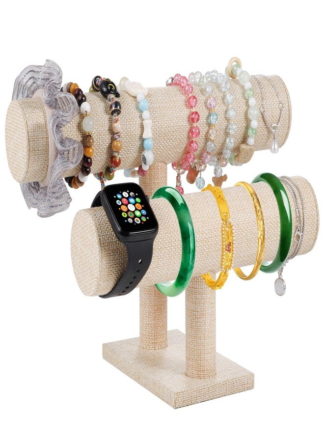 RingsTown Two-layer T-shaped jewelry display stand, specifically designed for the display and organization of bracelets, bangles.Velvet material，Simple and elegant (Yellow Linen) - Image 1
