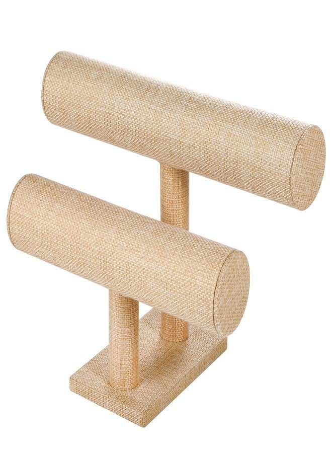 RingsTown Two-layer T-shaped jewelry display stand, specifically designed for the display and organization of bracelets, bangles.Velvet material，Simple and elegant (Yellow Linen) - Image 2