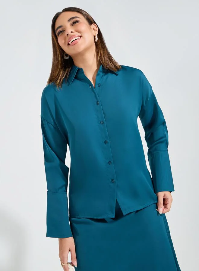 Styli Solid Button Down Shirt & Midi Skirt Co-Ords