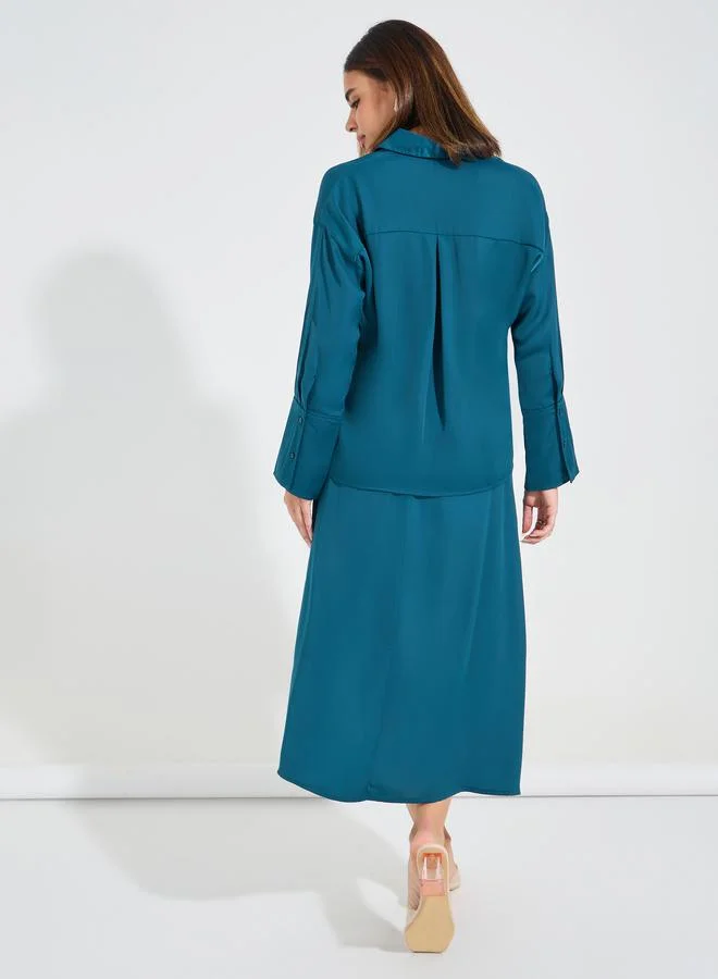 Styli Solid Button Down Shirt & Midi Skirt Co-Ords