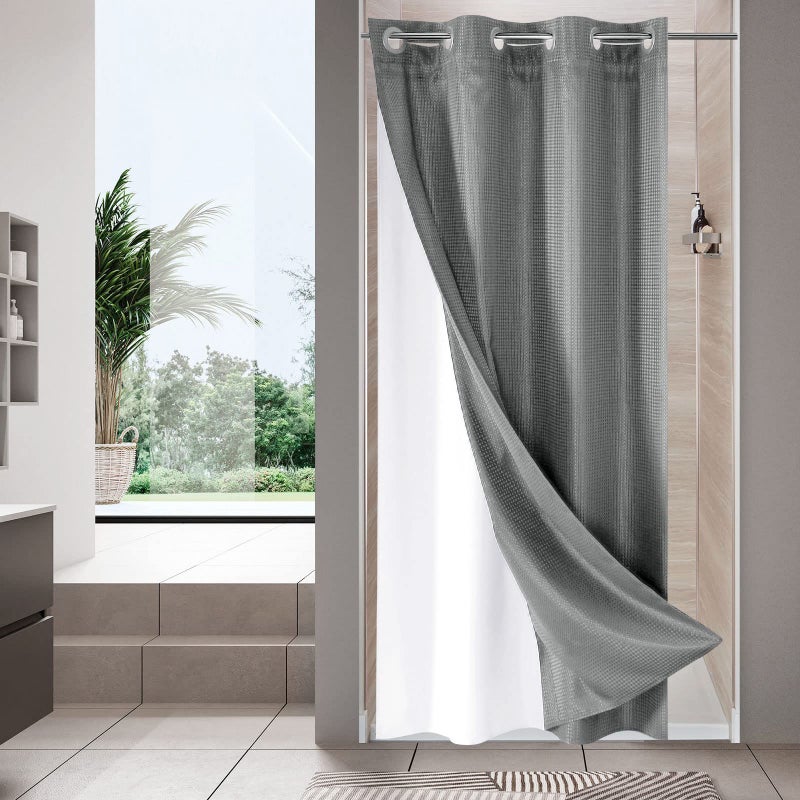 MitoVilla Grey Waffle Small Stall Shower Curtain 36 x 74  No Hooks Required Half Size Narrow Fabric Shower Curtain Set with Snap-in Liner for Modern Bathroom Decor - Image 1