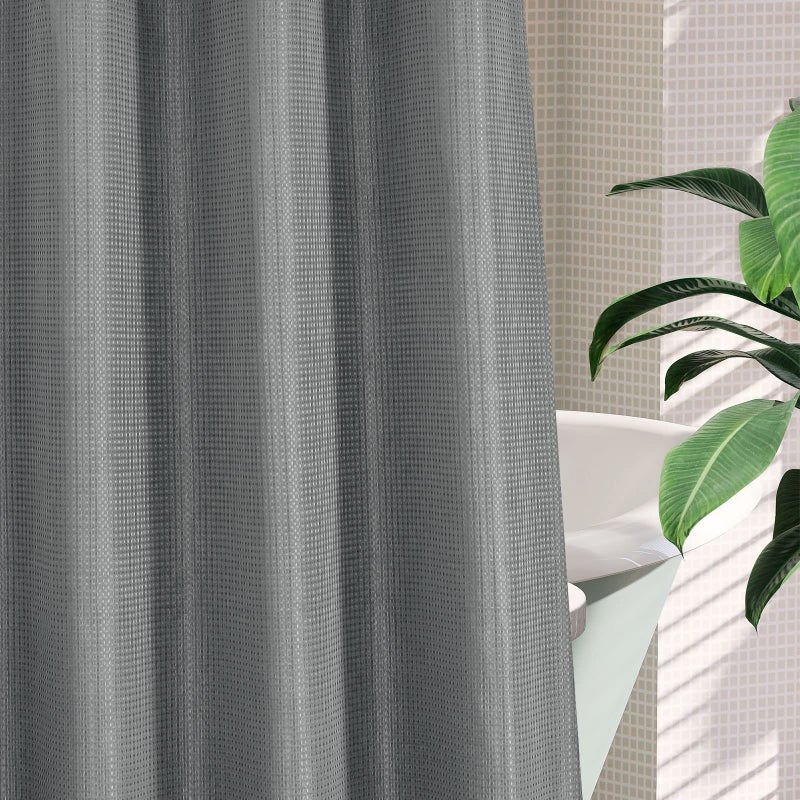 MitoVilla Grey Waffle Small Stall Shower Curtain 36 x 74  No Hooks Required Half Size Narrow Fabric Shower Curtain Set with Snap-in Liner for Modern Bathroom Decor - Image 5