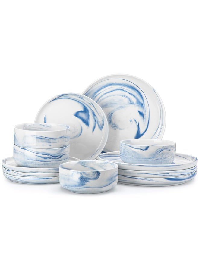MALACASA Plates and Bowls Sets, 12 Pieces Porcelain Dinnerware Sets Dishware Sets Chip Resistant Ceramic Dish Set Dining Dinner Ware Service for 4, Marble Blue, Series LUNA - Image 1