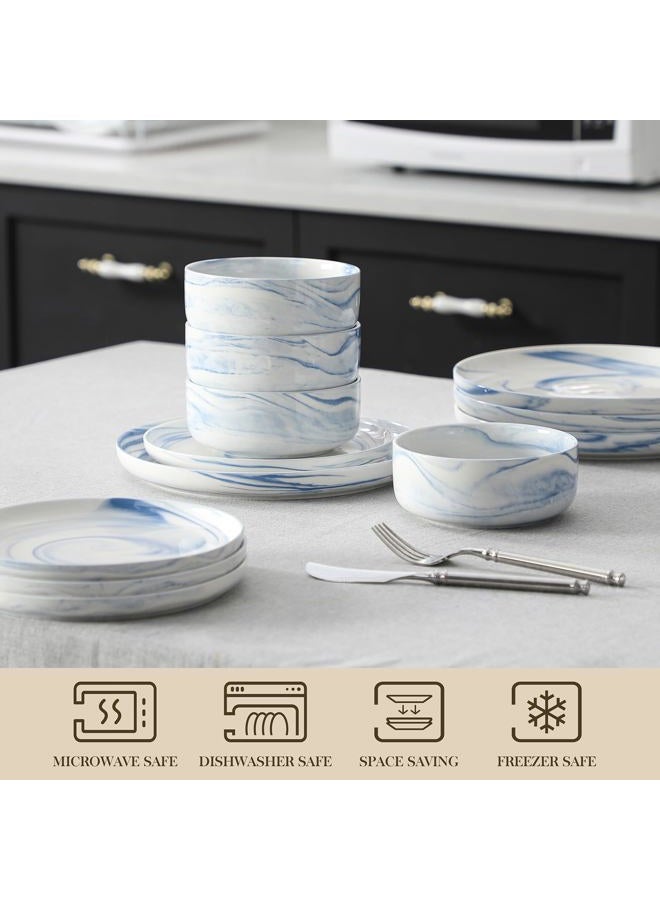 MALACASA Plates and Bowls Sets, 12 Pieces Porcelain Dinnerware Sets Dishware Sets Chip Resistant Ceramic Dish Set Dining Dinner Ware Service for 4, Marble Blue, Series LUNA - Image 4