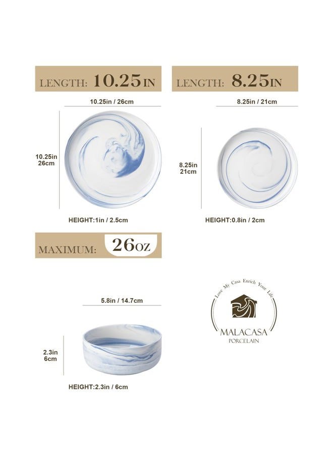 MALACASA Plates and Bowls Sets, 12 Pieces Porcelain Dinnerware Sets Dishware Sets Chip Resistant Ceramic Dish Set Dining Dinner Ware Service for 4, Marble Blue, Series LUNA - Image 2