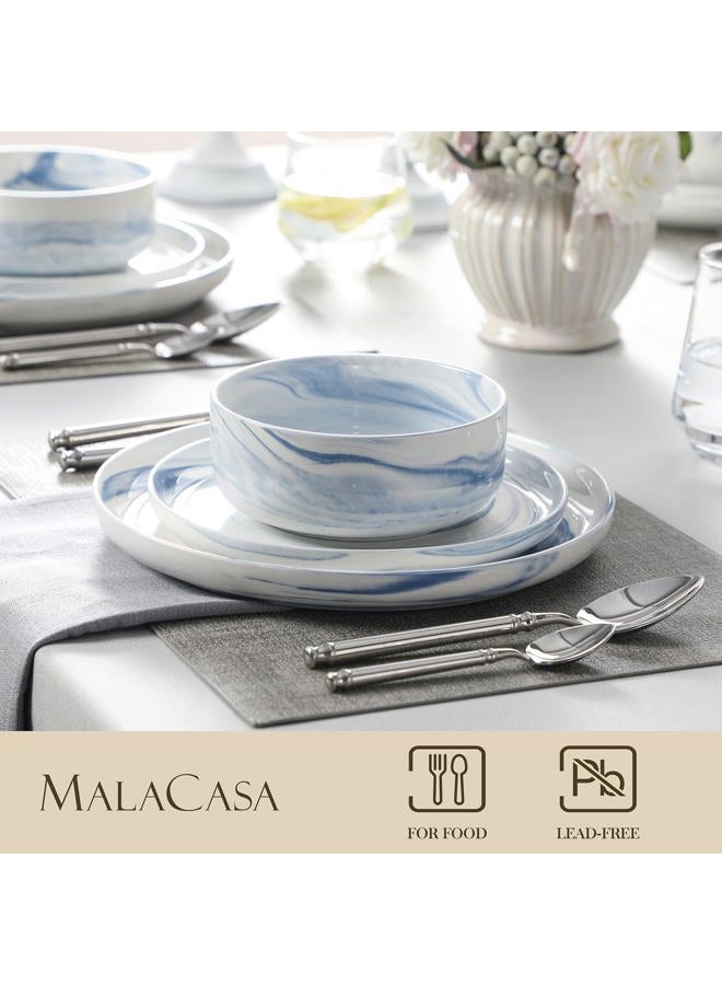 MALACASA Plates and Bowls Sets, 12 Pieces Porcelain Dinnerware Sets Dishware Sets Chip Resistant Ceramic Dish Set Dining Dinner Ware Service for 4, Marble Blue, Series LUNA - Image 3