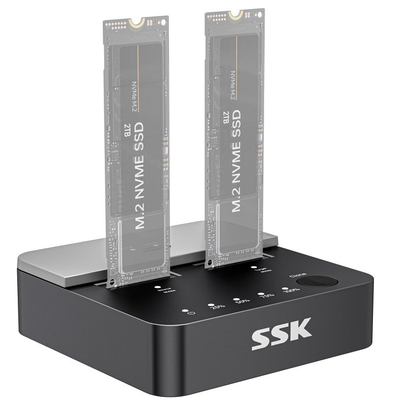 SSK NVMe SSD Cloner, M.2 Duplicator Dual Bay NVMe Enclosure, Tool-Free 20Gbps USB3.2 Gen 2X2 SSD to USB Adapter M.2 Docking Station for M Key PCIE NVMeSSD Reader Supports Offline Clone - Image 1
