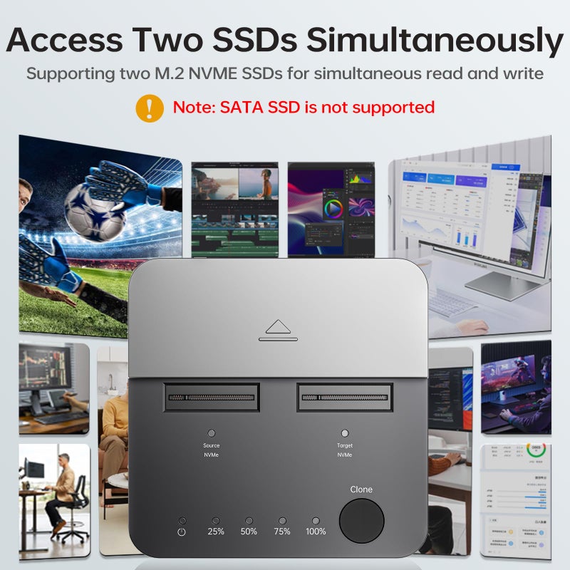 SSK NVMe SSD Cloner, M.2 Duplicator Dual Bay NVMe Enclosure, Tool-Free 20Gbps USB3.2 Gen 2X2 SSD to USB Adapter M.2 Docking Station for M Key PCIE NVMeSSD Reader Supports Offline Clone - Image 4