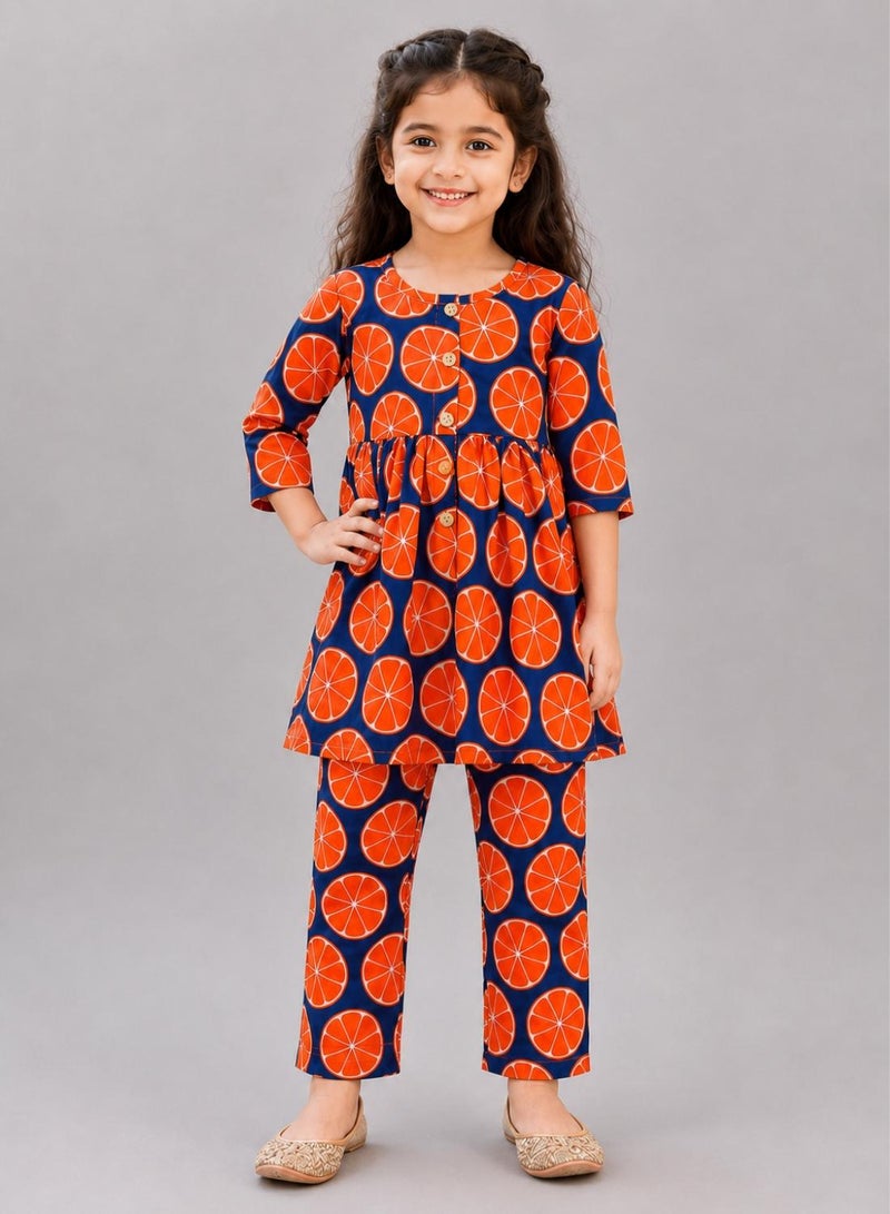 babyqlo Girls Orange Print Kurta and Pant Set - Image 1