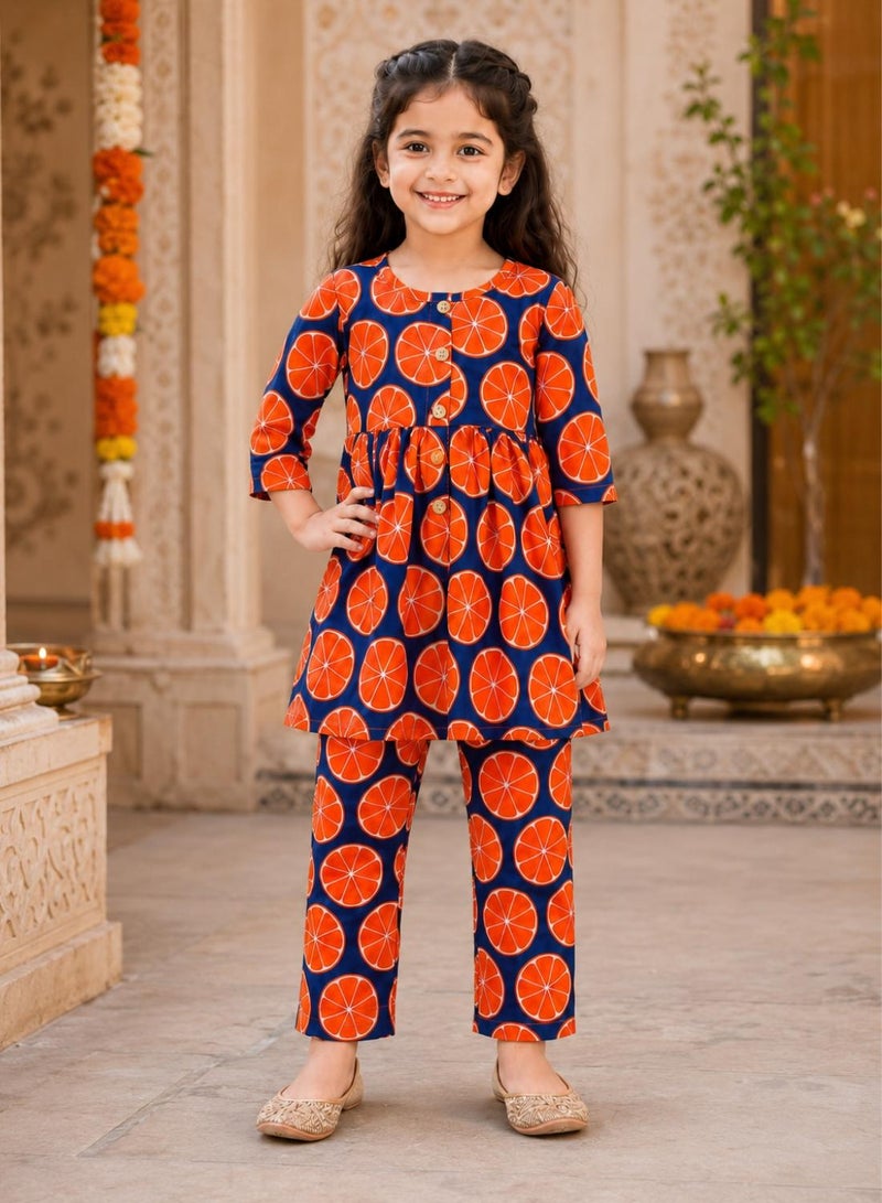 babyqlo Girls Orange Print Kurta and Pant Set - Image 2