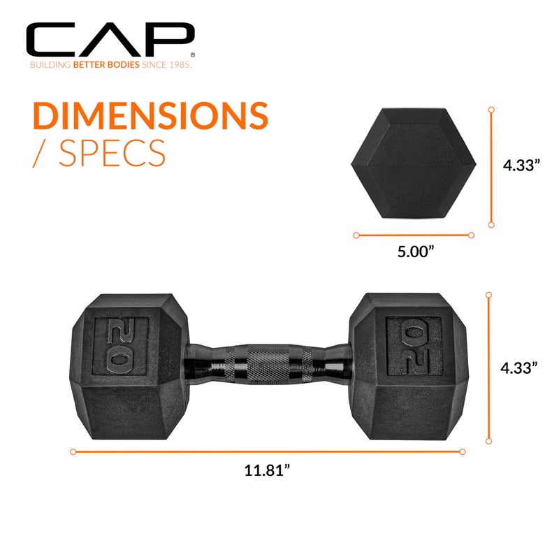 CAP Barbell 20 LB Rubber Coated Hex Dumbbell Hand Weight - Pair | Black Handle - Image 3