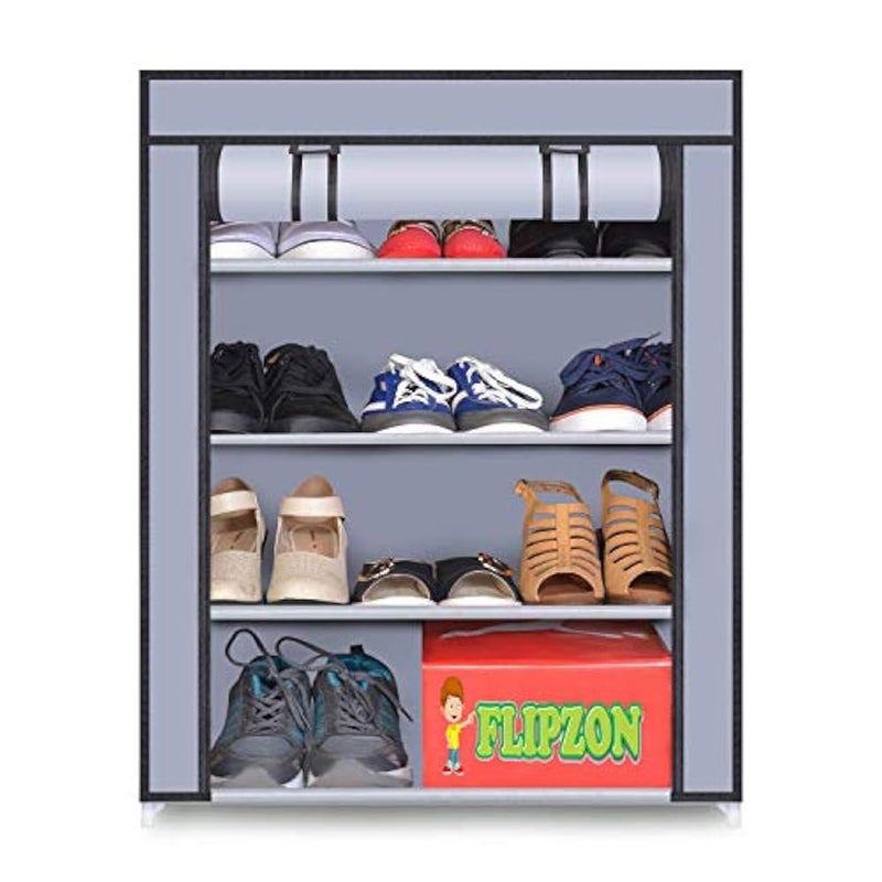 FLIPZON Multipurpose 4-Tiers Shoe Rack With Dustproof Zip Cover, Multiuse Wide Space Storage Rack Made By Non Woven Fabric For Footwear, Toys, Clothes (4 Shelves) (Grey)(Iron Pipes, Non Woven) - Image 4